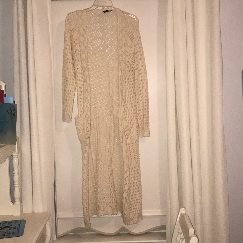 Honey punch long lace robe sweater crochet size small